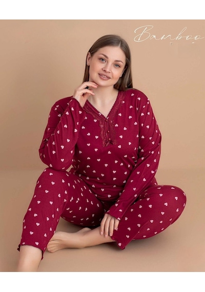 Pijamerry Kadın Büyük Beden Dantel Yaka Bambu Uzun Kol İnce Pijama Takımı 5547 - 1 Adet Kırmızı Pijamerry Kadın Büyük Beden Dantel Yaka Bambu Uzun Kol İnce Pijama Takımı 5547 - 1 Adet Kırmızı