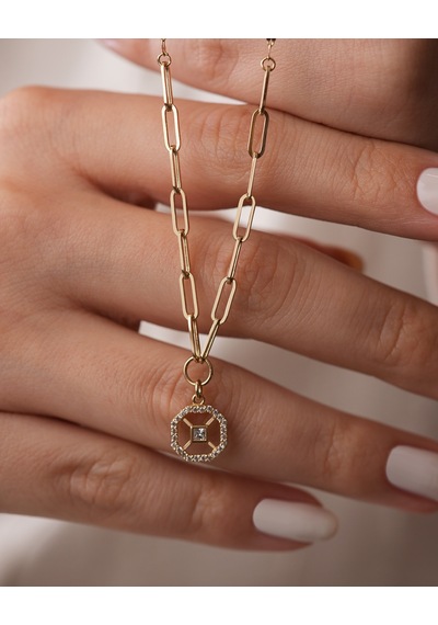 Debora Jewelry 14 Ayar Altın Altıgen Taşlı Ataç Zincirli Tasarım Kolye