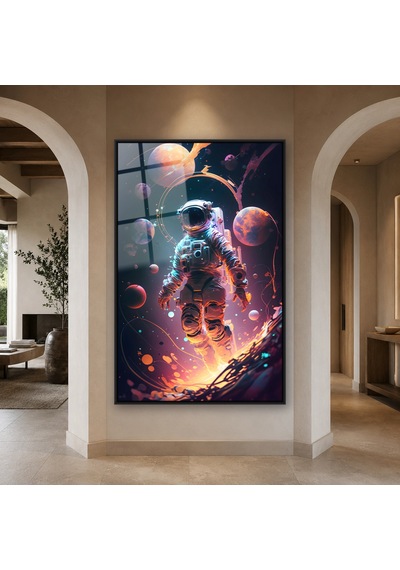 Gezegenler Arasında Işıklı Astronot Siyah Çerçeveli Cam Tablo