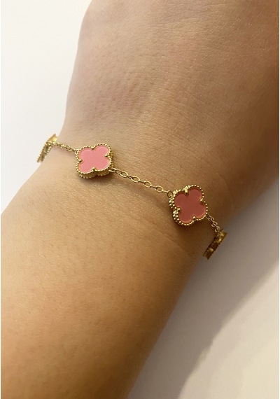 Kadın Pembe Renk Küçük Yonca Model Çelik Bileklik Gold