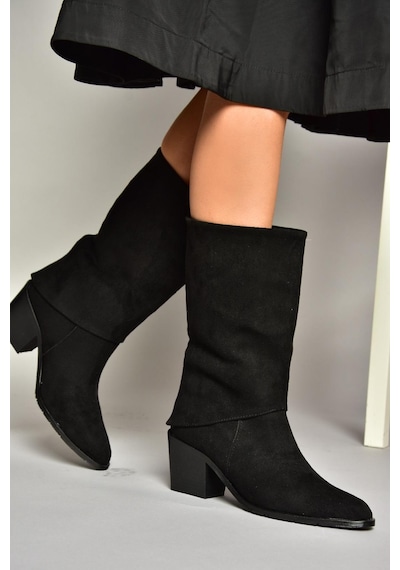 Fox Shoes T936042502 Siyah Kalın Alçak Topuklu Kadın Bot Siyah-Süet Siyah