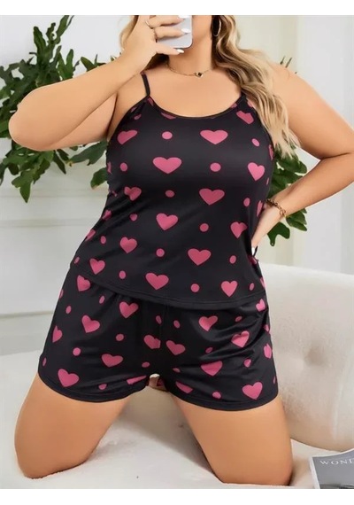 Veraura Lifestyle Büyük Beden Siyah Desen İnce Askılı Pamuklu Şortlu Pijama Takımı