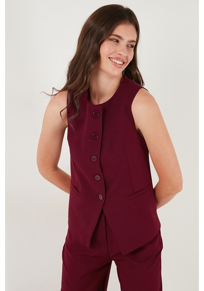 Lela Regular Fit Bisiklet Yaka Kolsuz Düğmeli Basic Bluz Bayan Yelek 65200004 Bordo