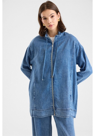 Olcay Fermuar Kapamalı Bağcık Detaylı Soft Denim Ceket Pantolon İkili Takım Mavi 9468-tk