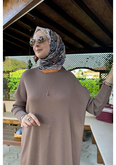Rabia Şamlı Dora Triko Tunik Sütlü Kahve Çok Renkli