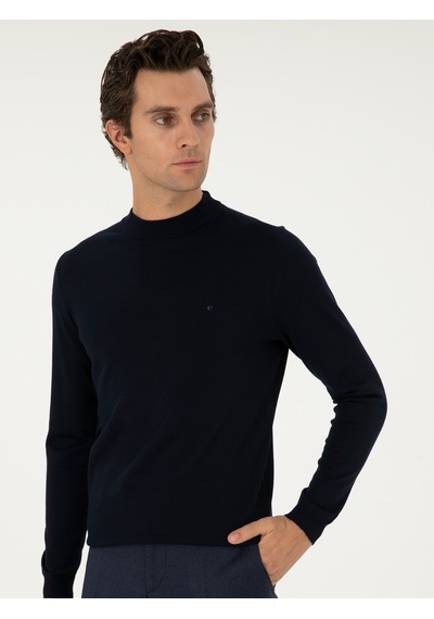 Cacharel Lacivert Slim Fit Yün Karışımlı Çeyrek Balıkçı Yaka Basic Triko Kazak