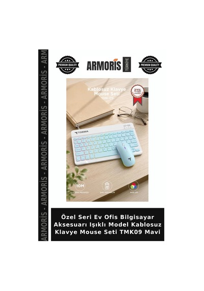 Özel Seri Ev Ofis Bilgisayar Aksesuarı Işıklı Model Kablosuz Klavye Mouse Seti Tmk09 Mavi