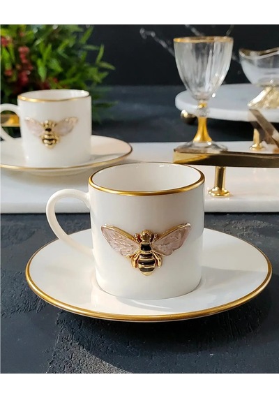 Regna Home Queen Bee 4 Parça 2 Kişilik Yaldızlı Porselen Kahve Fincan Takımı Beyaz
