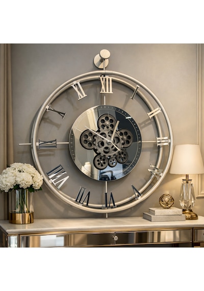 Metaquartz Aksesuar Premium Gümüş Dönence - Çarklar Dönmektedir - Metal Çarklı Duvar Saati Gümüş