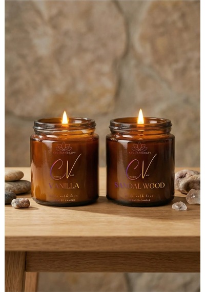 2 Li Amber Cam Kavanoz Aromaterapi Mum Seti Vanilya & Sandal Ağacı %100 Doğal Soya Kapaklı 100 Cc Amber