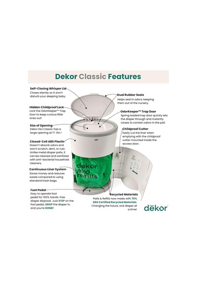 Diaper Dekor Eko Classic Bebek Bezi Kovası, Beyaz / Sadece Çevre Dostu Bebek Bezi Kovası%70 Geri Dönüştürülmüş Diğer