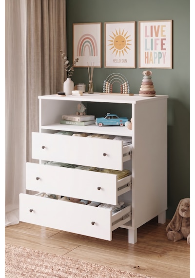 Robin Home Lena Bebek Çocuk Odasıyüksek Şifonyer 3 Çekmece Raflı Ahşap Ayaklı Beyaz