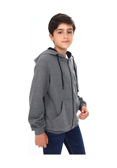 Toontoy Kids Toontoy Erkek Çocuk Kapüşonlu Fermuarlı Cepli Düşük Omuz Baskılı Örme Hırka - 3 İplik Şardonsuz Antrasit Melanj