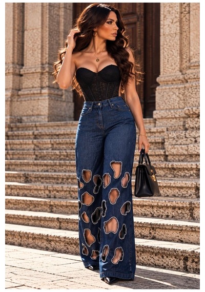 Orvelia Kristal Çerçeveli Pencere Detaylı Geniş Paça Denim Pantolon Eclipse Lacivert