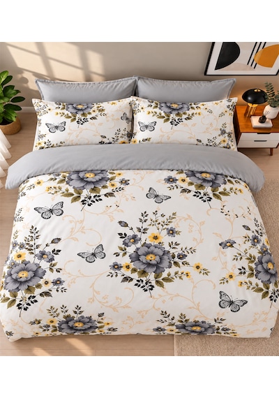 More Home Çift Kişilik Nevresim Takımı Lastikli Çarşaflı Botanik Bahçe Gri Gri Beyaz