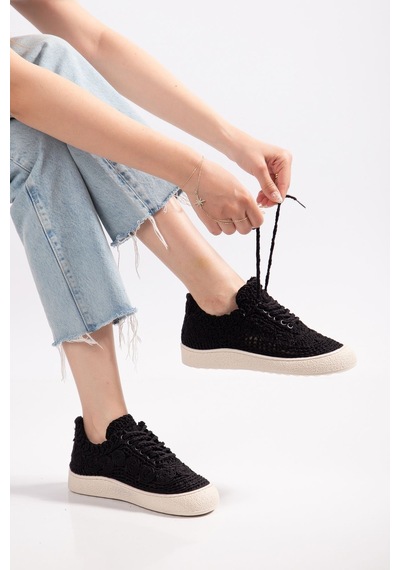 Naz Kadın Örgülü Siyah Kalın Tabanlı Günlük Kadın Sneaker