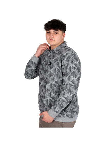 Mode Xl Büyük Beden Erkek Polo Yaka Sweatshirt Baskılı Selanik U24440 Gri Melanj Gri Melanj