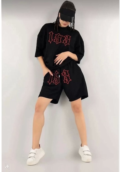 Tarzyeri Kadın Unisex Nakış İşlemeli Şort Takım - Siyah Siyah