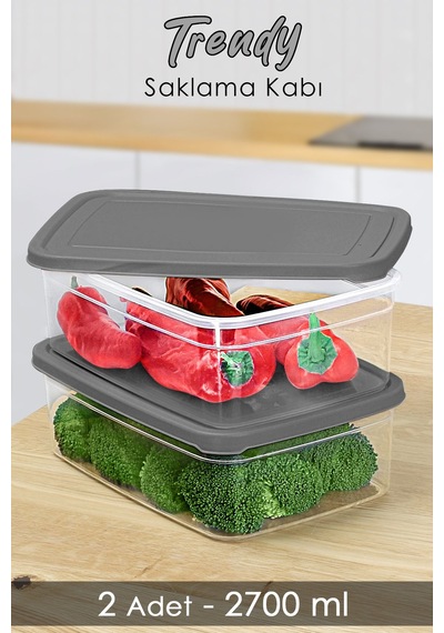 Meleni Home 2 Adet Dikdörtgen Erzak Saklama Kabı Mikrodalgaya Uygun Düzenleyici Organizer 2700 ML Gri