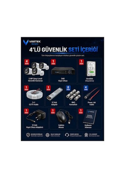4 Kameralı 5mp Sony Lensli Gece Renkli Güvenlik Kamerası Seti,500 Gb Hdd