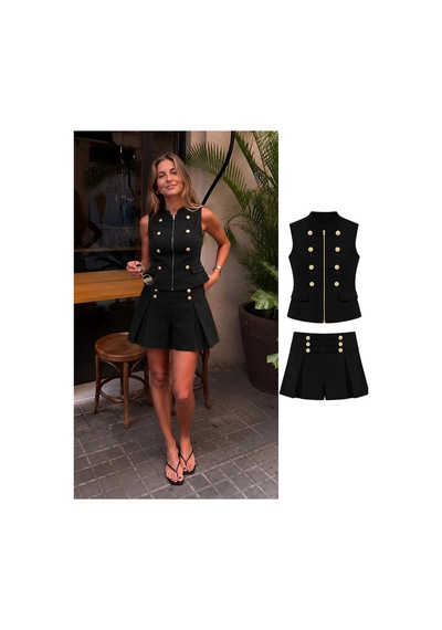 Asur Boutique Asur Butik Kadın Tüvit Gold Düğmeli Yelek Şort Etek Takım Şık Yazlık İkili Takım Siyah