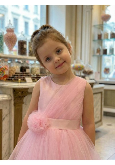 Butikhappykids Kız Çocuk Pembe Volanlı Tüllü Çiçek Detaylı Abiye Elbise 1-5 Yaş Pembe