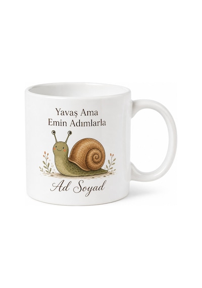 Salyangoz Çizimli Sabır Temalı Kupa Bardak Yavaş Ama Emin Adımlarla Hediye Beyaz / Çok Renkli