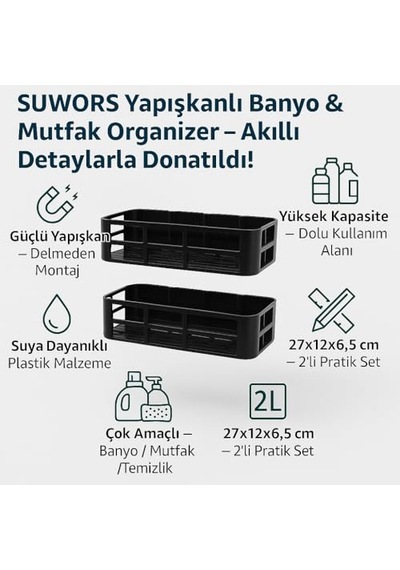 Yapışkanlı Duş Rafı 2 Adet Paslanmaz Banyo Şampuanlık Organizer Delmeden Montaj Geniş Kapasiteli Duş Or Diğer