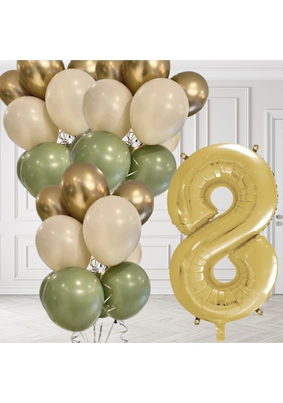 8 Yaş Retro Küf Yeşili Krom Gold Kum Beji Balon Seti Gold Rakam Doğum Günü Balonu Şık Parti Süsleme Çok Renkli