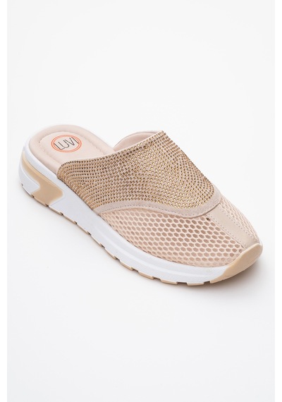 Luvishoes Glea Bej Taşlı Fileli Burnu Kapalı Kadın Terlik Bej