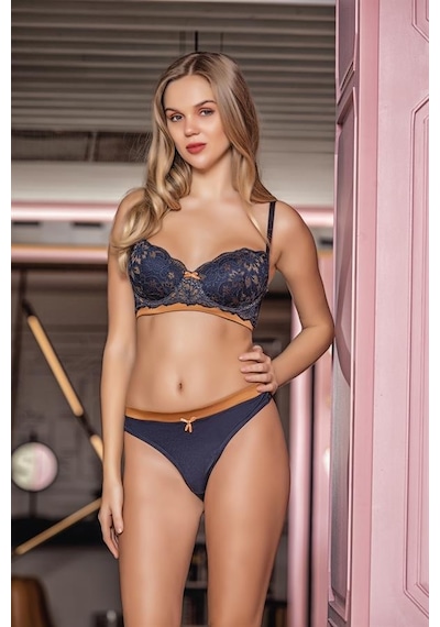 Mode Cool Dantelli Hafif Destekli Sütyen String Takım Lacivert Brf31692 Lacivert