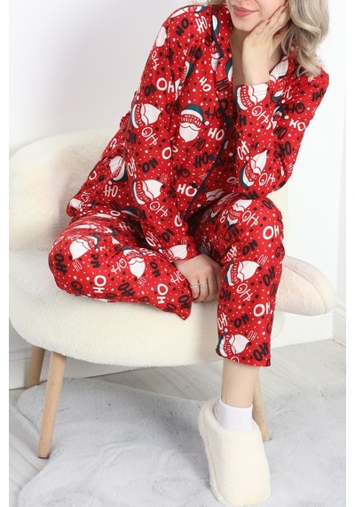 Shemard Düğmeli Süet Pijama Takımı Kırmızıbeyaz - 6486.1902. 75 Çok Renkli