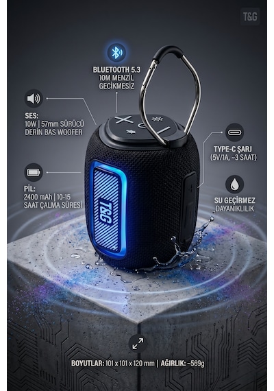 Taşınabilir Kablosuz Bluetooth Hoparlör 10w / Rgb Işıklı / Fm Radyo Tg-415