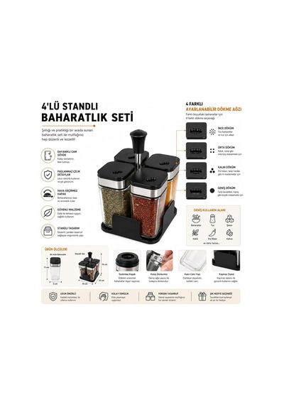 Lexroo 4 Lü Standlı Cam Baharatlık Seti Şeffaf Cam