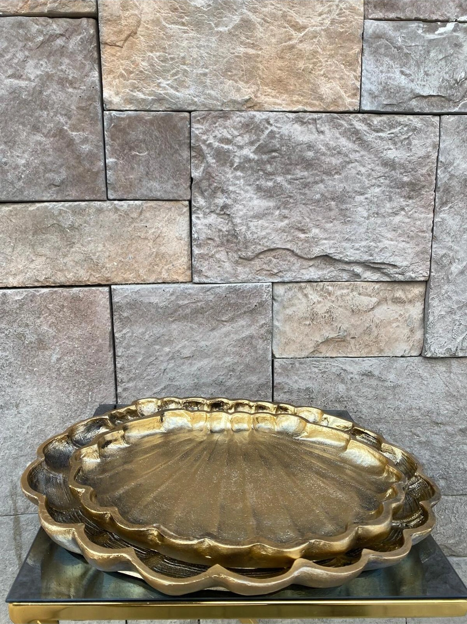 Dekoratif Polyester İkili İstiridye Tepsi Sunumluk Gold