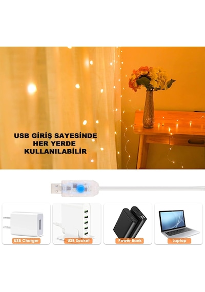 3x3 Metre Peri Led Kumandalı Perde Asma Kancalı Peri Led Yılbaşı Led Gün Işığı Led Işık 8 Modlu Standart