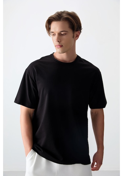 Air Jones Tommy Life Siyah Pamuklu Kalın Yumuşak Dokulu Oversize Fit Basic Erkek T-shirt - 88377 Siyah