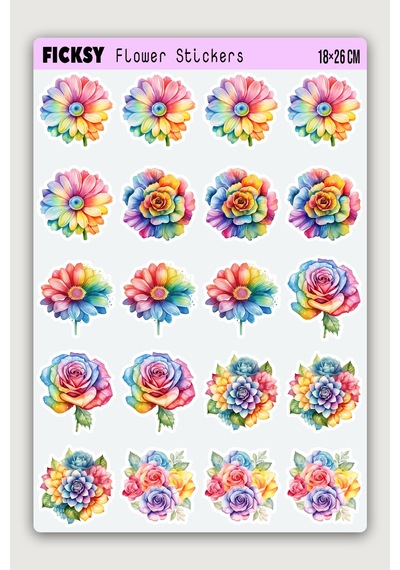 Gökkuşağı Renkli Çiçek Sticker Seti - 40 Adet Etiket Çıkartma Diğer
