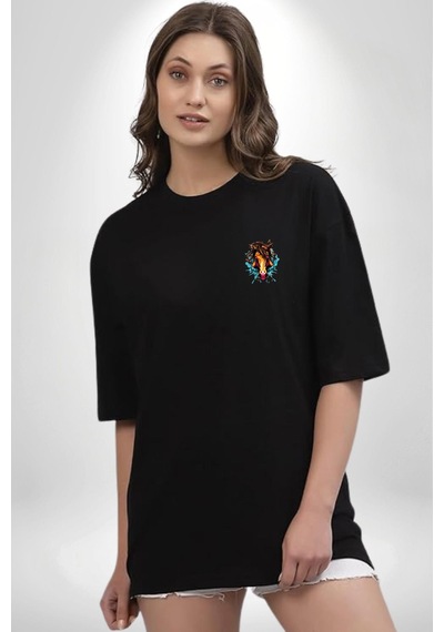 At Kafası Renkli Siyah Oversize Unisex Ön Sol Yan Minimal Baskılı Tişört Koyu Siyah