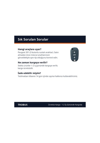 Trobus Peugeot 301 Uyumlu Anahtar Kumanda Kılıfı Katlanır Siyah