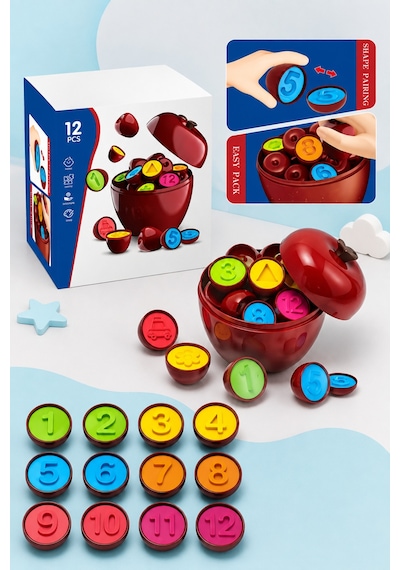 Elma Kutusu Sayı Ve Şekil Eşleştirme Oyuncağı 12 Parça Okul Öncesi Eğitici Montessori Set 3+ Yaş