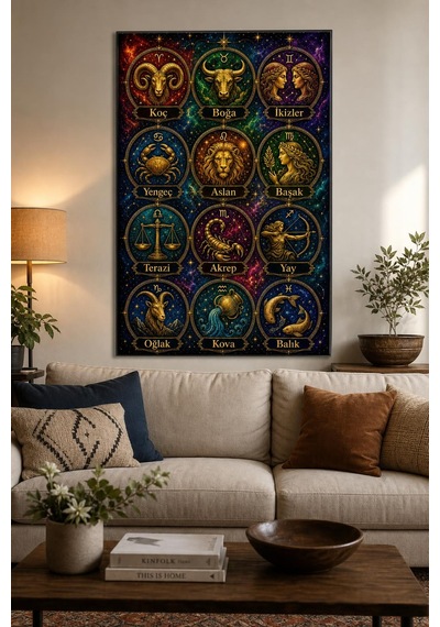 Burçlar Desenli Baskılı Cam Tablo Uv Baskı Astroloji Dekoratif Duvar Tablosu