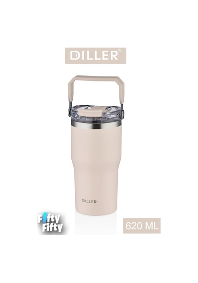 Dıller 620 Ml Tek Kapak Çift Kullanım Pipetli/pipetsiz Taşıma Kulplu Mug/çelik Termos-ffdıllerd9168 Krem