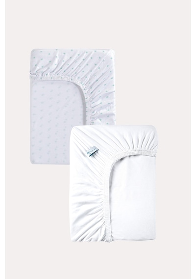 Mint Yıldız Desen - Beyaz Renk %100 Pamuk Penye Bebek Çarşafı 60x120cm - Lastikli Bebek Çarşafı 2'li Desenli - Beyaz - 860728279
