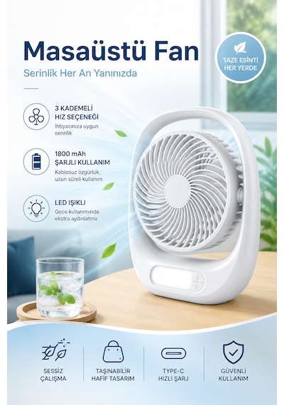 Masaüstü Vantilatör 3 Kademeli 1800mah Şarjlı Led Işıklı Taşınabilir Ev Ofis Vantilatör