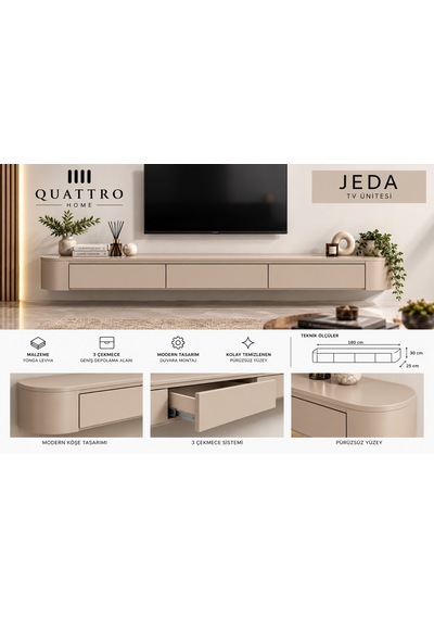 Jeda Duvara Monte Tv Ünitesi 180 Cm 3 Çekmeceli Modern Bej Tv Sehpası Krem