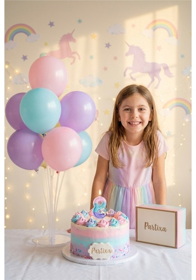 Unicorn Temalı Pastel Rakam Mum Ve Balon Standı Seti - Kız Çocuk Doğum Günü Parti Süsleri 0-9 Yaş 3 - 7 25582676