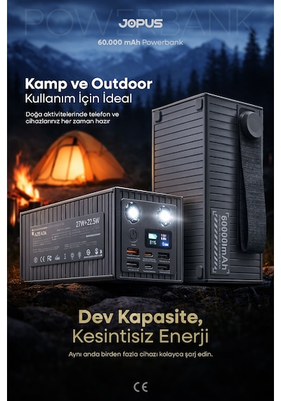 Jopus 60.000 mAh 27W Süper Hızlı Outdoor Kamp Powerbank Dijital Göstergeli Fenerli Taşınabilir Şarj Cihazı