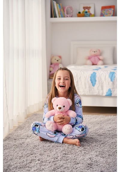 %100 Pamuk Mavi Çizgi Filmli Kız Çocuk Pijama Takımı Mavi