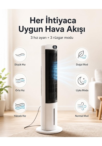 70w Buz Akülü Kule Tipi Vantilatör / Uzaktan Kumandalı / 3l Su Hazneli / 24 Saat Zaman Ayarlı Fan